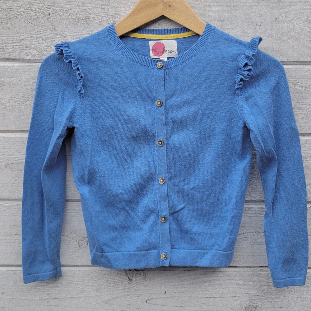 Mini Boden Girl's Solid Blue Button-up Ruffle Cardigan - size 6/7